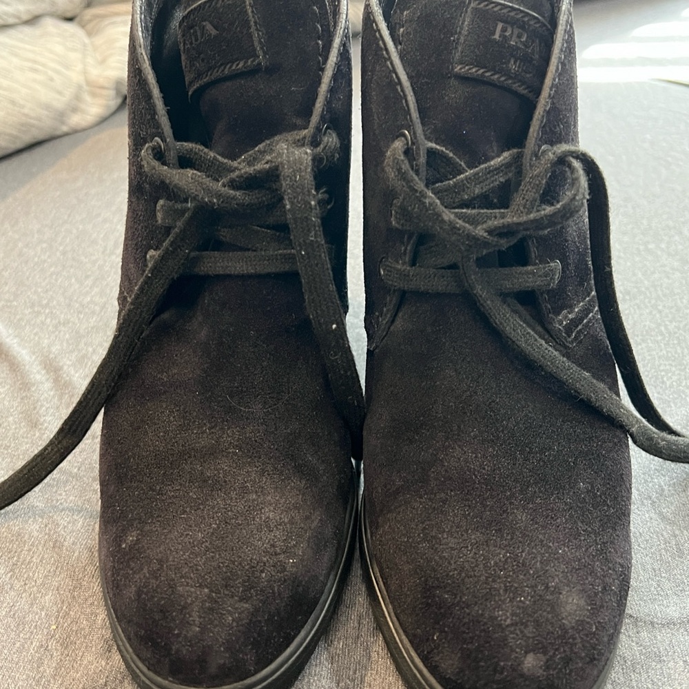 PRADA Half Boot Wedge Lace Booties 3TZ037 Black Suede IT 40.5 US 10-10.5 Shoes - Picture 6 of 11